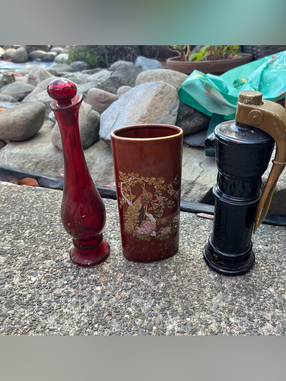 Vintage Brown Ceramic Vase with Gold and Pink Peacock Motif